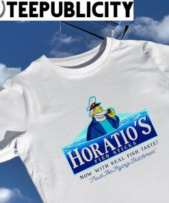 Sea Captain Horatio's Fish Sticks now with real fish taste trust the frying Dutchman logo shirt