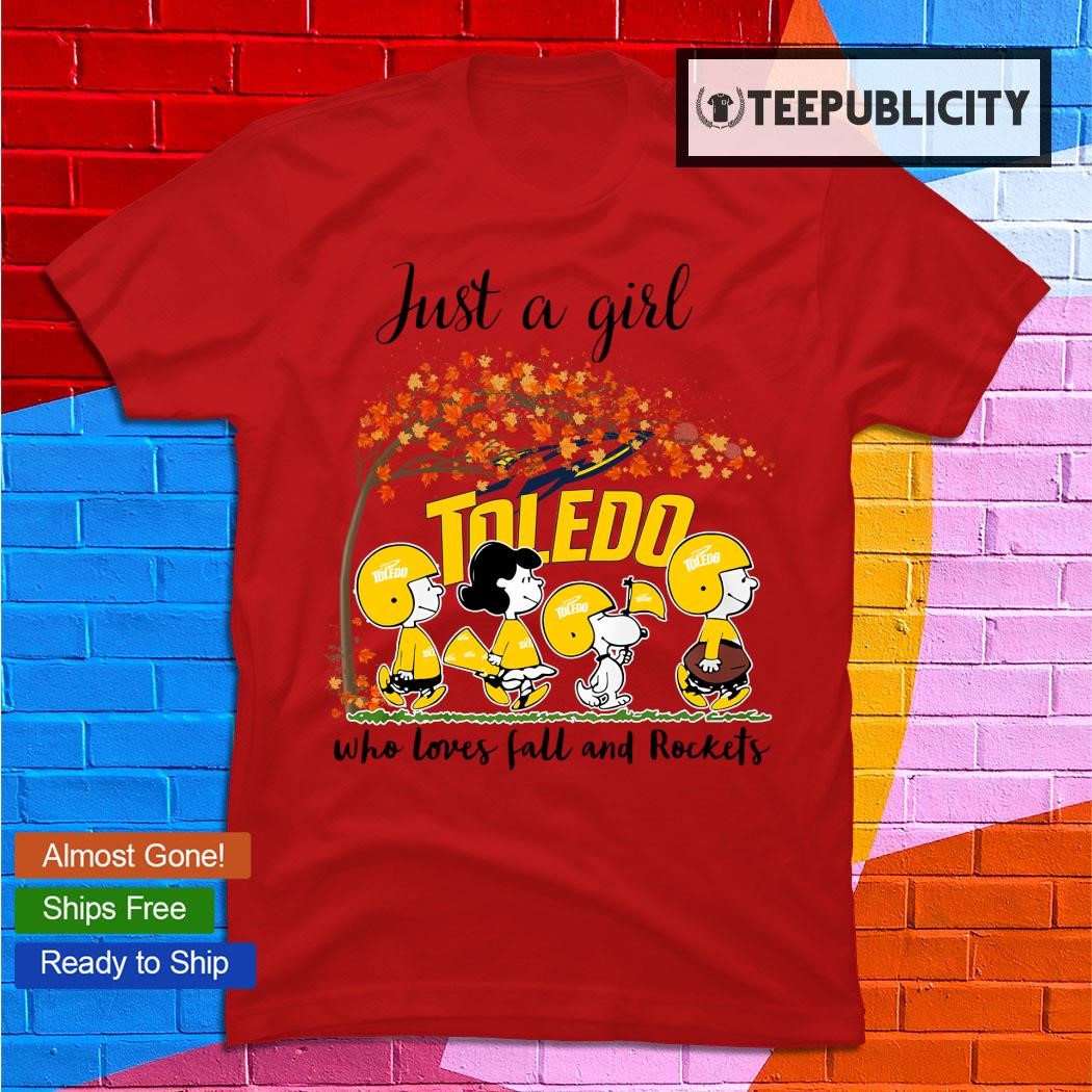 Just A Woman Who Loves Fall And Toledo Rockets Peanuts Cartoon T-Shirt,  hoodie, sweater, long sleeve and tank top