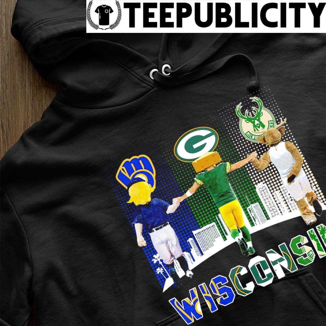 Wisconsin city skyline Milwaukee Brewers Green Bay Packers and Milwaukee  Bucks mascots shirt, hoodie, sweater, long sleeve and tank top